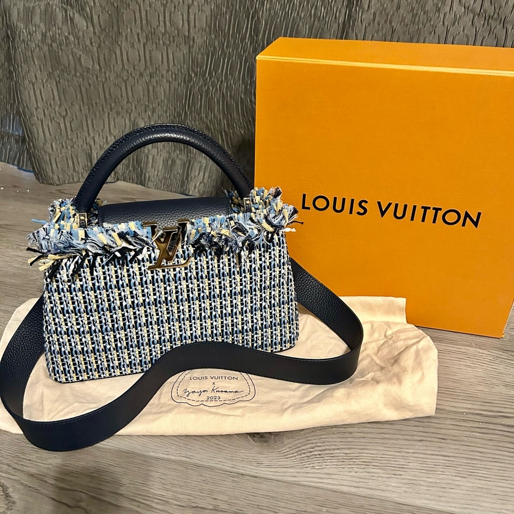 Louis Vuitton Navy Cream and Blue Tweed Capucines with Gold Hardware